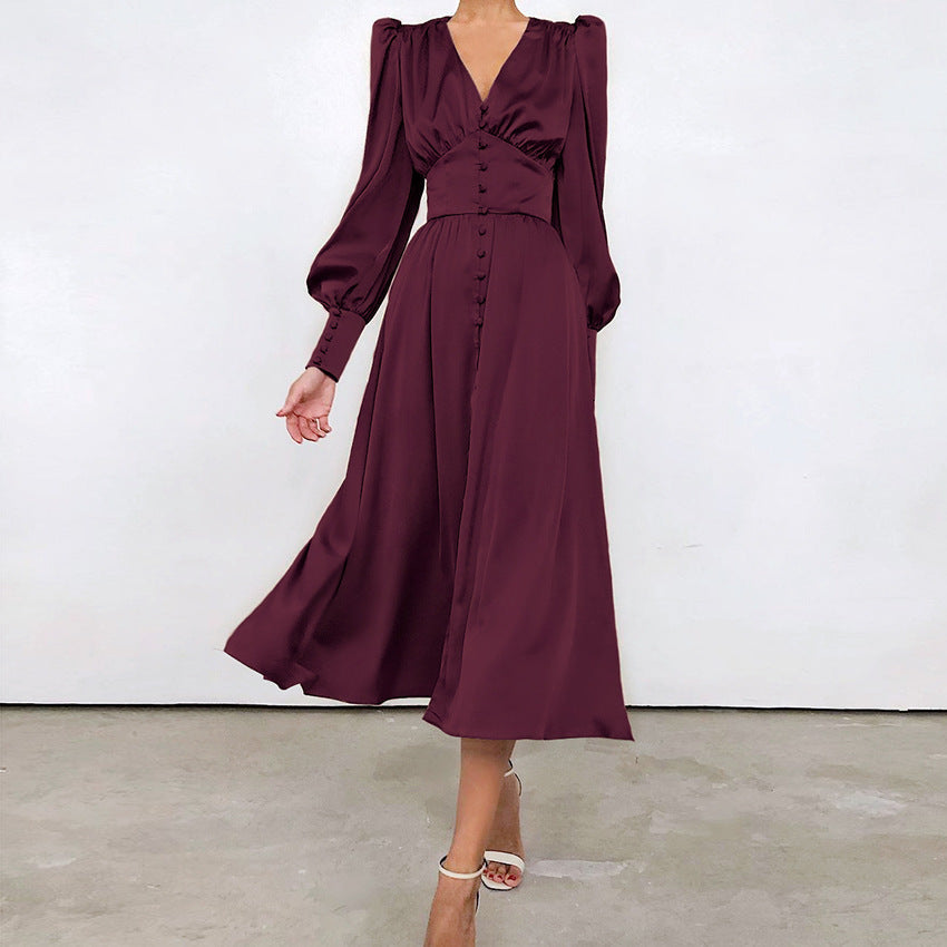 Women's Midi Dress With A Button-front Closure And Gathered Sleeves – An Elegant Dress For Everyday Wear, Work, And Special Occasions