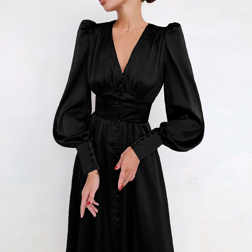 Women's Midi Dress With A Button-front Closure And Gathered Sleeves – An Elegant Dress For Everyday Wear, Work, And Special Occasions