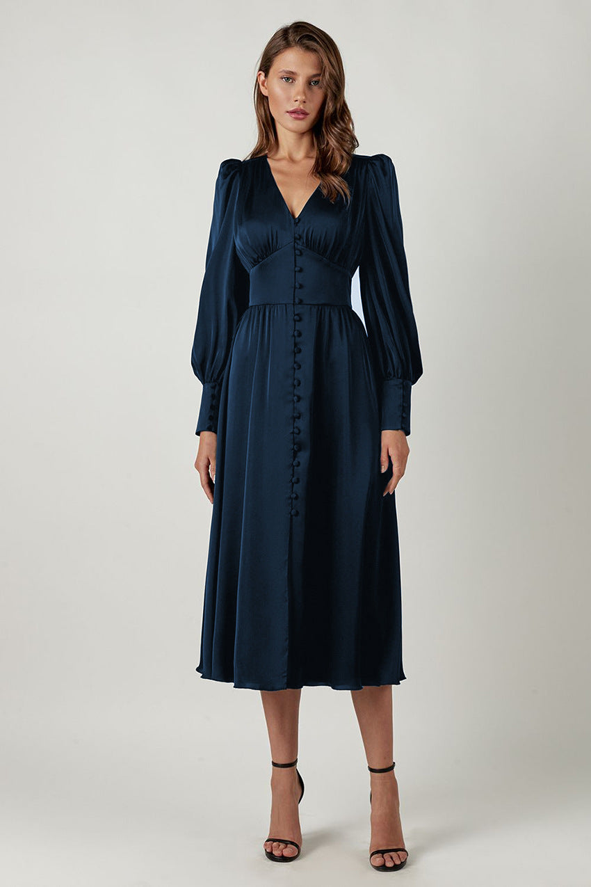 Women's Midi Dress With A Button-front Closure And Gathered Sleeves – An Elegant Dress For Everyday Wear, Work, And Special Occasions