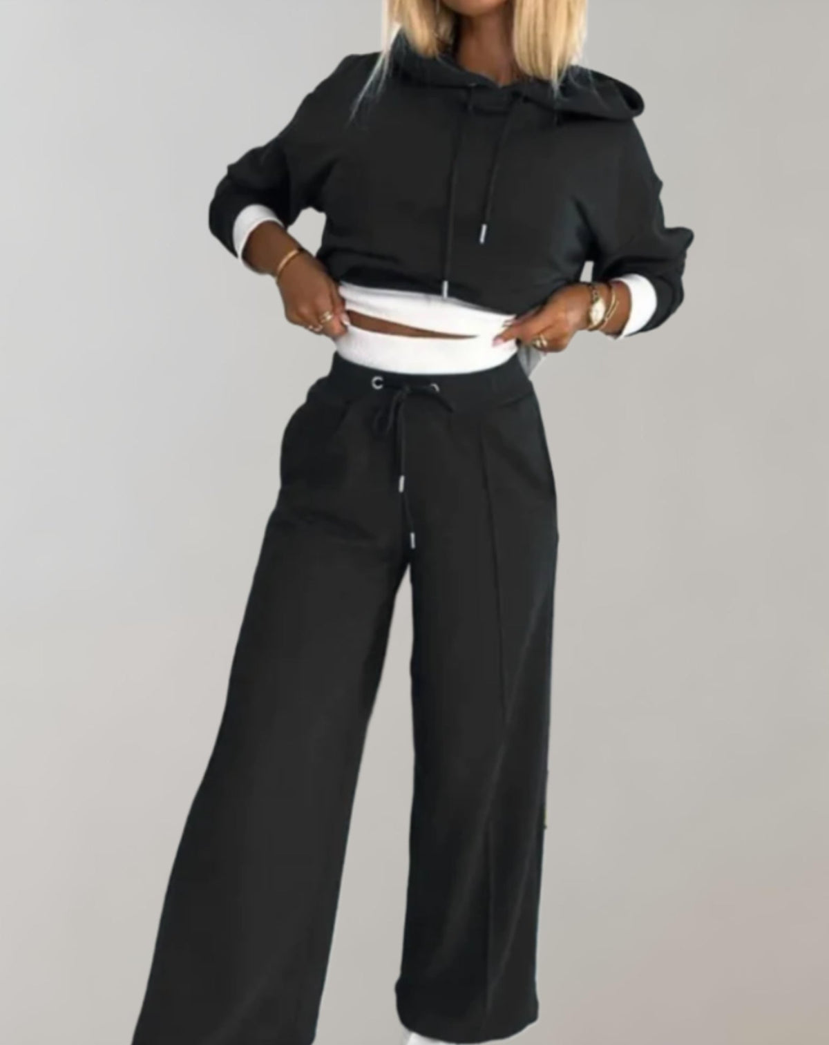 Women's Hoodie And Wide-leg Trousers Set - Soft Cotton-blend Casual Loungewear For Everyday Comfort