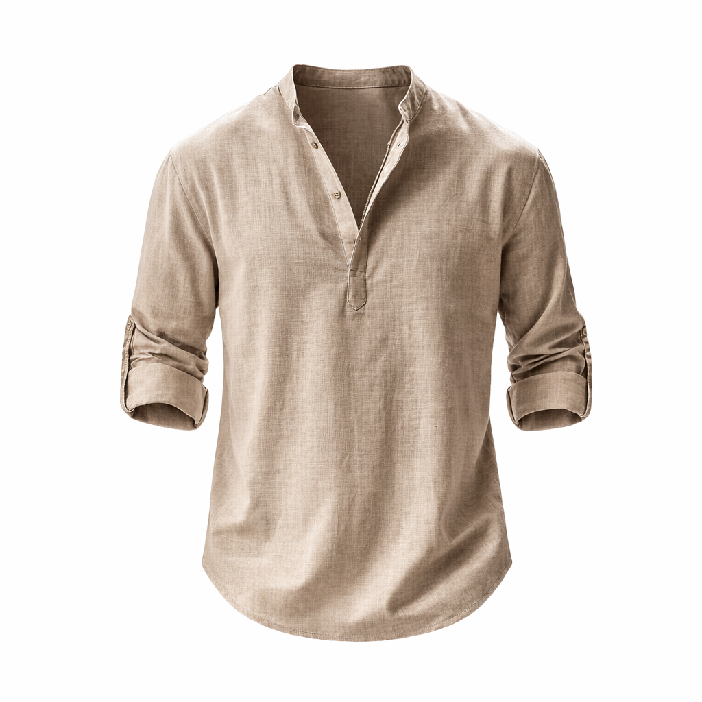 Men's Linen Shirt With A Stand-up Collar And Rolled-up Sleeves – A Lightweight Summer Shirt For Everyday Wear, Vacations, And A Casual Look