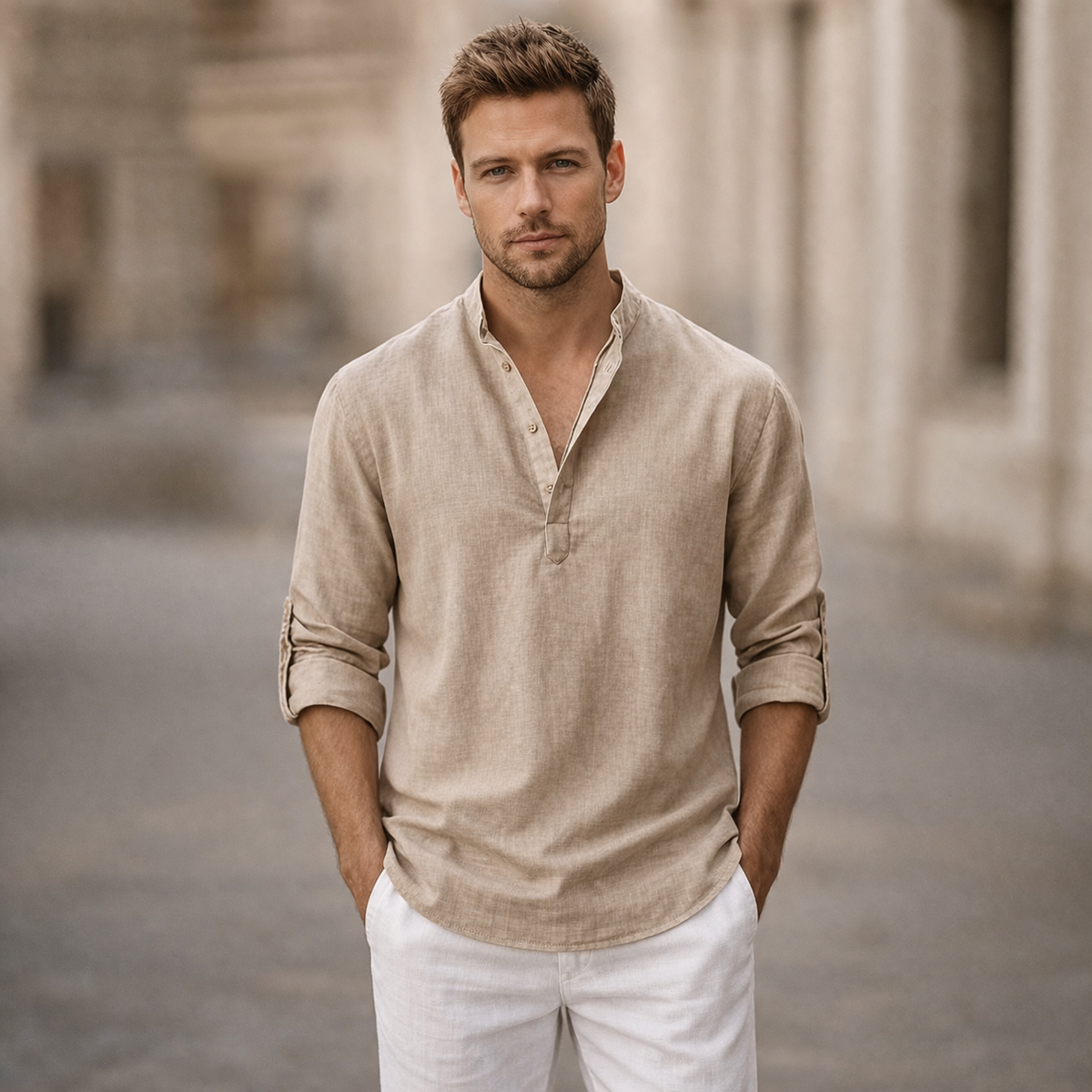 Men's Linen Shirt With A Stand-up Collar And Rolled-up Sleeves – A Lightweight Summer Shirt For Everyday Wear, Vacations, And A Casual Look