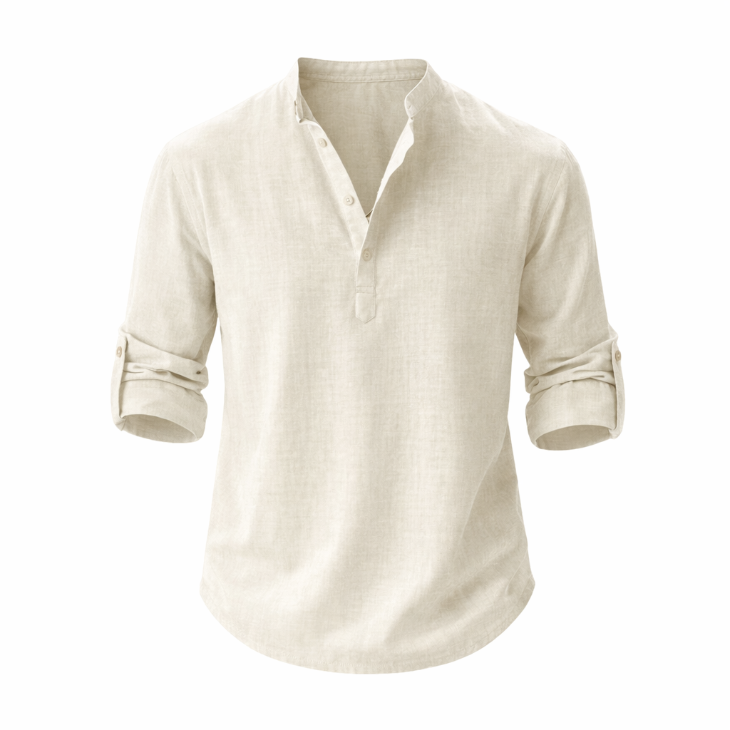 Men's Linen Shirt With A Stand-up Collar And Rolled-up Sleeves – A Lightweight Summer Shirt For Everyday Wear, Vacations, And A Casual Look