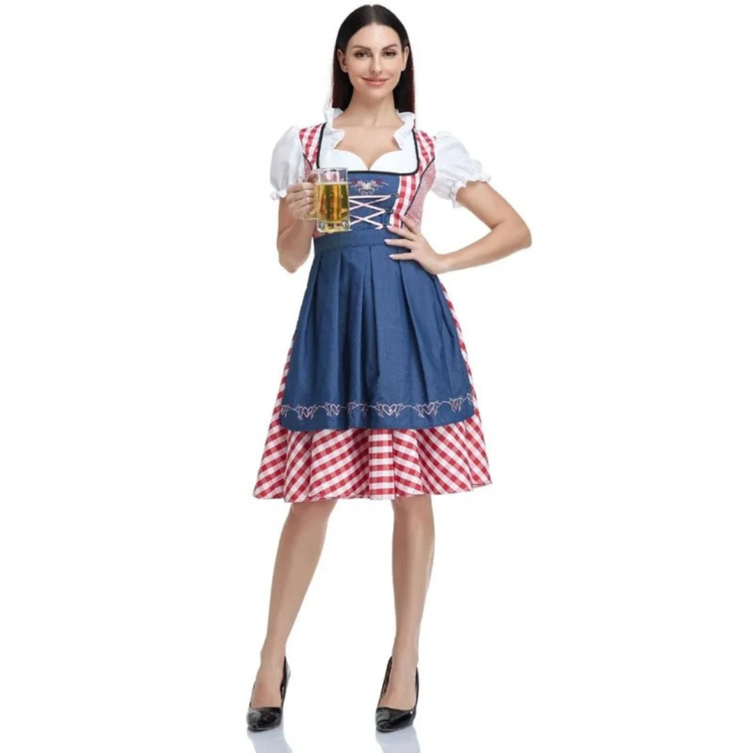 Women's Checkered Dirndl Dress With Lace-up Closure And Apron – Oktoberfest Midi Dress For Festivals, Parties, And Special Occasions