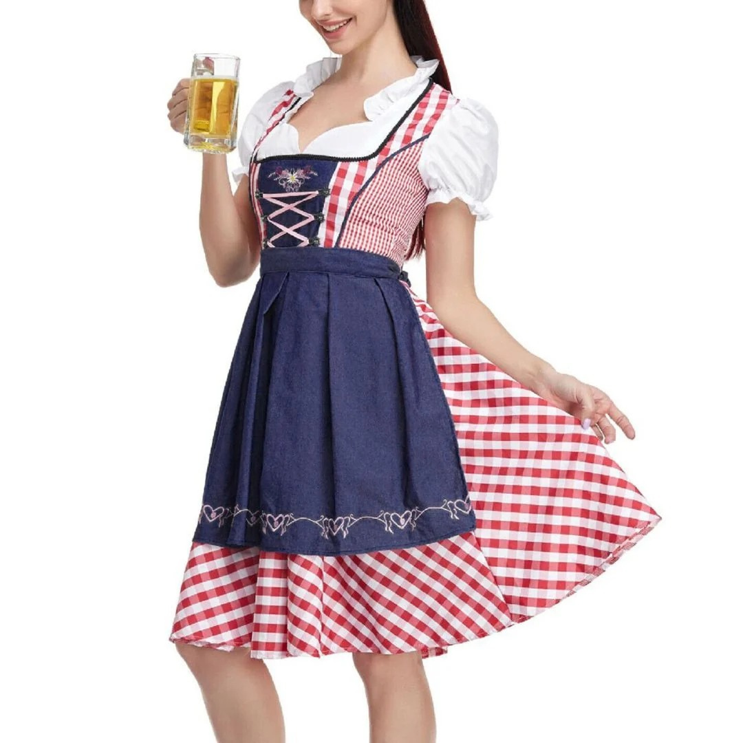 Women's Checkered Dirndl Dress With Lace-up Closure And Apron – Oktoberfest Midi Dress For Festivals, Parties, And Special Occasions