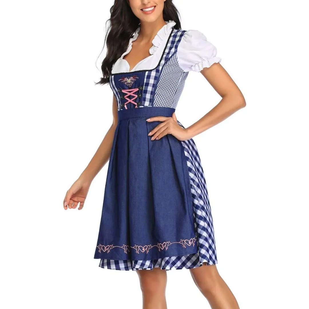 Women's Checkered Dirndl Dress With Lace-up Closure And Apron – Oktoberfest Midi Dress For Festivals, Parties, And Special Occasions