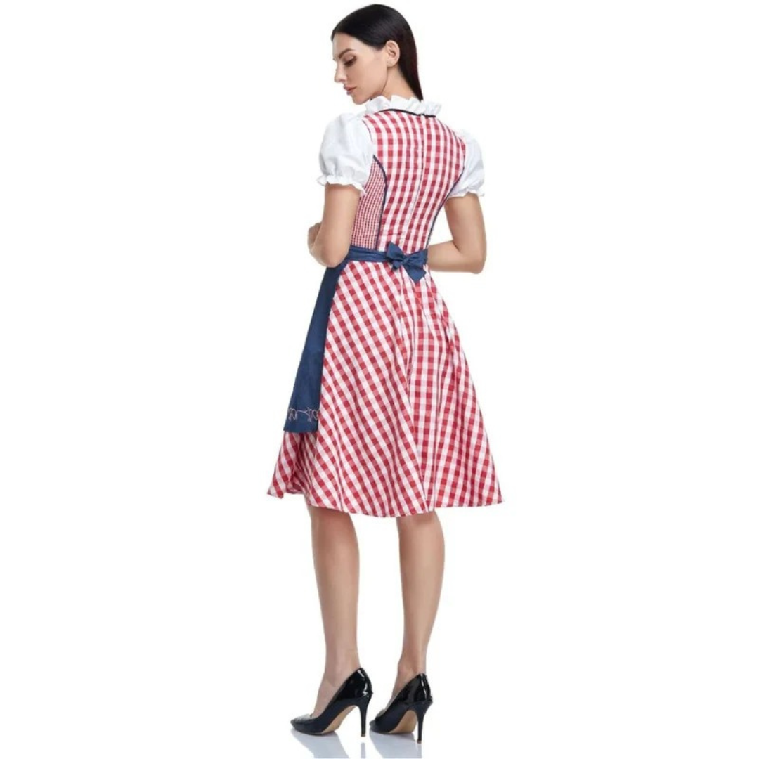 Women's Checkered Dirndl Dress With Lace-up Closure And Apron – Oktoberfest Midi Dress For Festivals, Parties, And Special Occasions