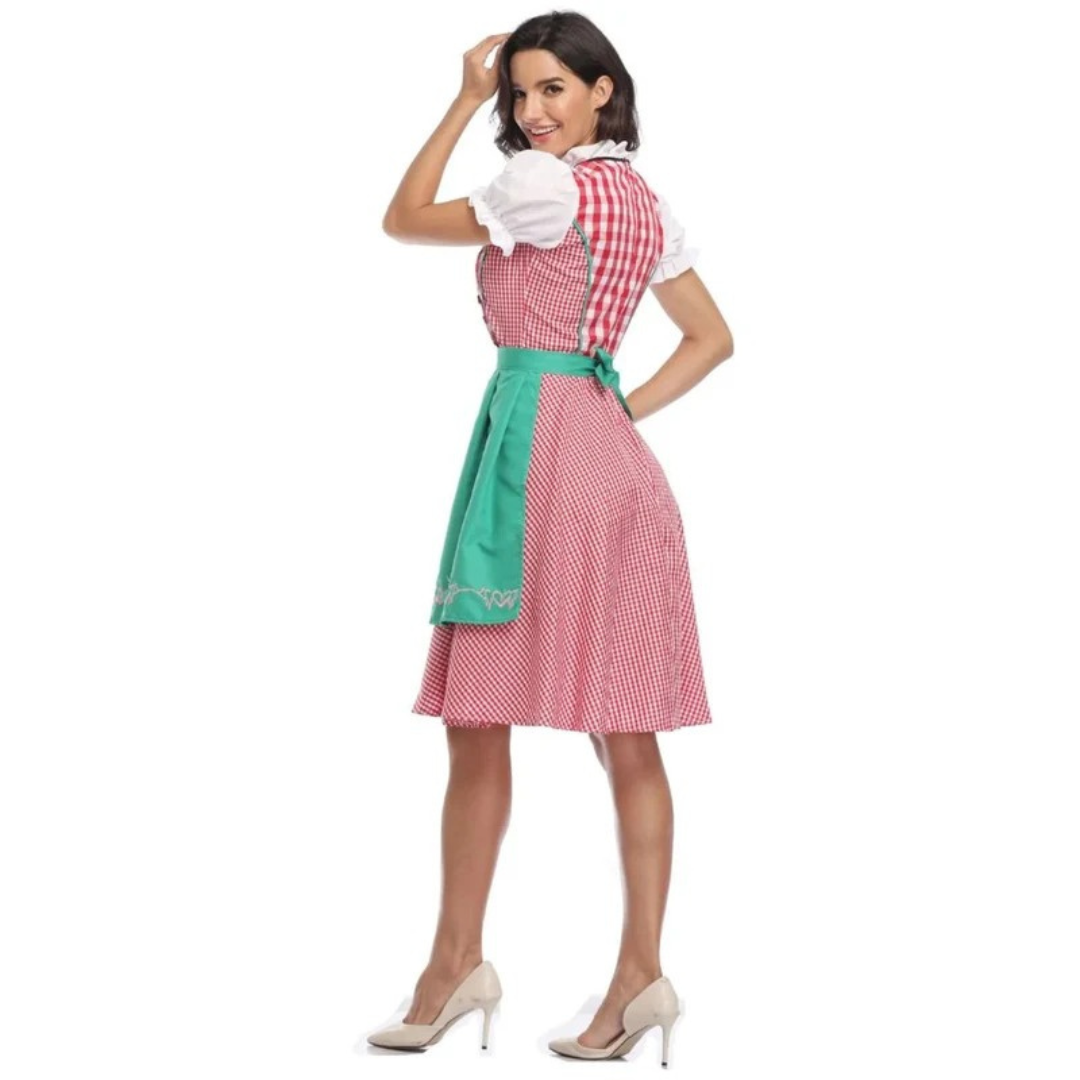Women's Checkered Dirndl Dress With Lace-up Closure And Apron – Oktoberfest Midi Dress For Festivals, Parties, And Special Occasions