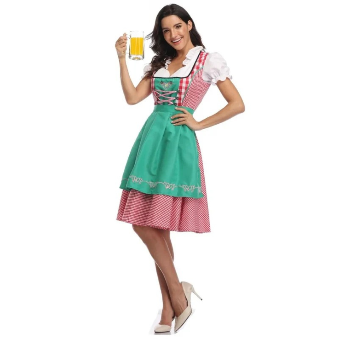 Women's Checkered Dirndl Dress With Lace-up Closure And Apron – Oktoberfest Midi Dress For Festivals, Parties, And Special Occasions