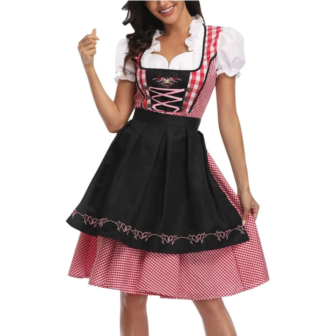 Women's Checkered Dirndl Dress With Lace-up Closure And Apron – Oktoberfest Midi Dress For Festivals, Parties, And Special Occasions