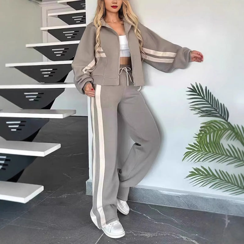 Women's 2-piece Lounge Set With Contrasting Stripes And A Zipper – Casual Tracksuit For Everyday Wear, Leisure, And Relaxation