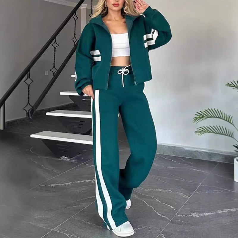 Women's 2-piece Lounge Set With Contrasting Stripes And A Zipper – Casual Tracksuit For Everyday Wear, Leisure, And Relaxation