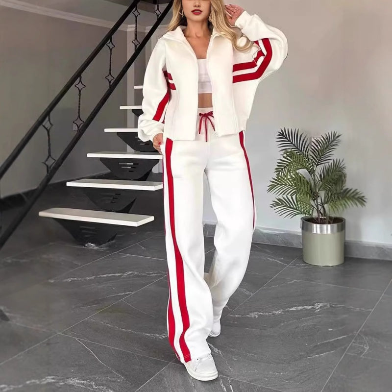 Women's 2-piece Lounge Set With Contrasting Stripes And A Zipper – Casual Tracksuit For Everyday Wear, Leisure, And Relaxation