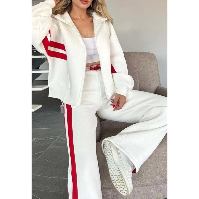 Women's 2-piece Lounge Set With Contrasting Stripes And A Zipper – Casual Tracksuit For Everyday Wear, Leisure, And Relaxation