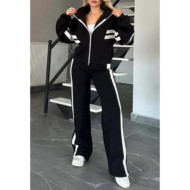 Women's 2-piece Lounge Set With Contrasting Stripes And A Zipper – Casual Tracksuit For Everyday Wear, Leisure, And Relaxation