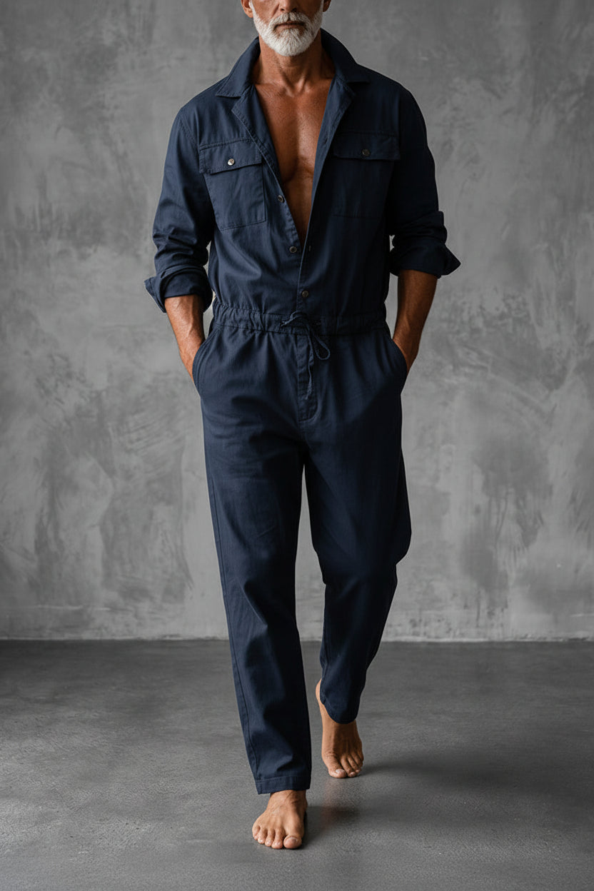 Men's Utility Jumpsuit - Drawstring Waist And Cargo Pockets For Casual Outdoor Wear