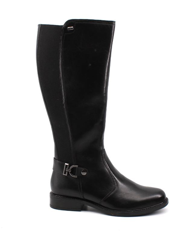 Odeline – Black Boots with Decorative Buckle and Elastic Inserts