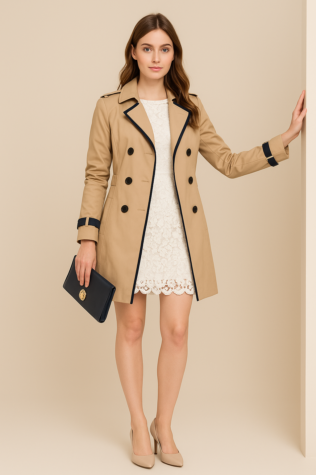 Matilde - Double-Breasted Women's Autumn Trench Coat with Contrasts