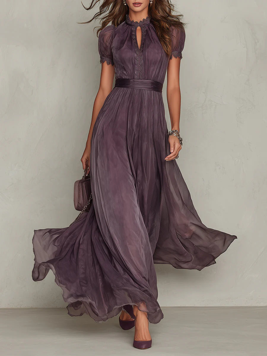 Women's Lace-trim Maxi Dress - Gathered Waist Design For Elegant Occasion Wear