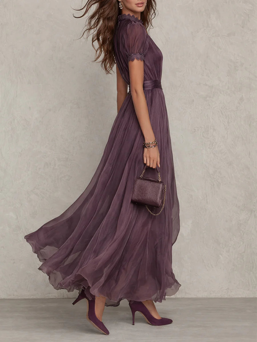 Women's Lace-trim Maxi Dress - Gathered Waist Design For Elegant Occasion Wear