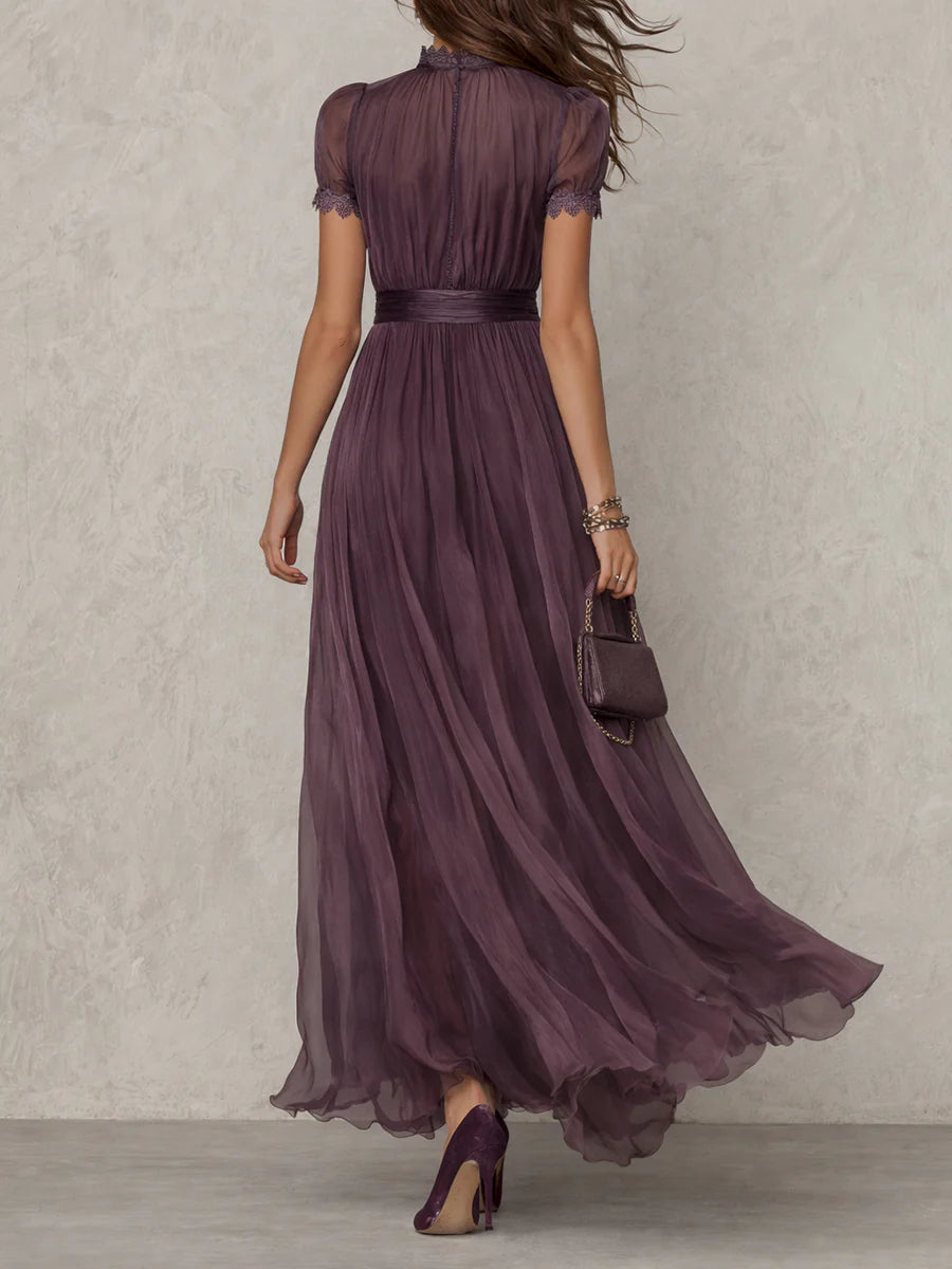 Women's Lace-trim Maxi Dress - Gathered Waist Design For Elegant Occasion Wear
