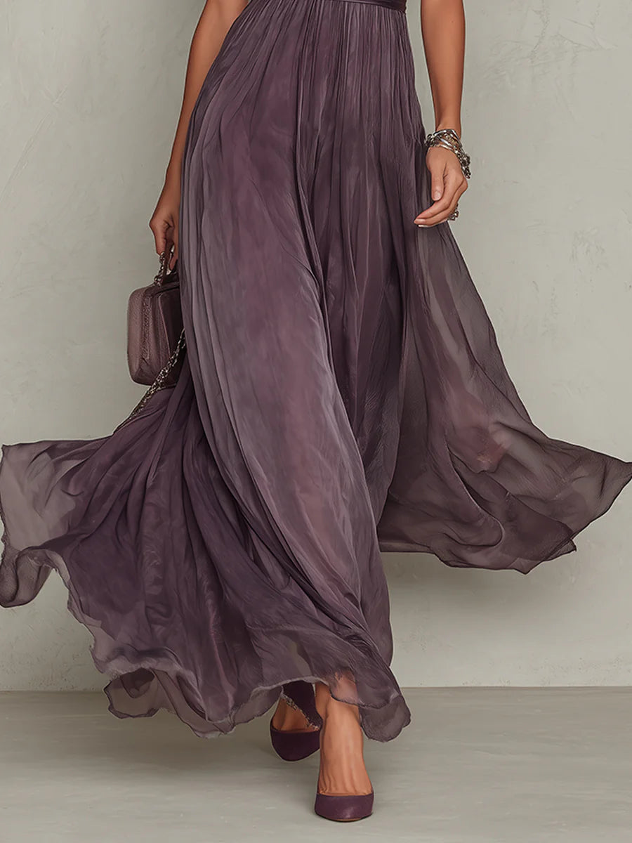 Women's Lace-trim Maxi Dress - Gathered Waist Design For Elegant Occasion Wear